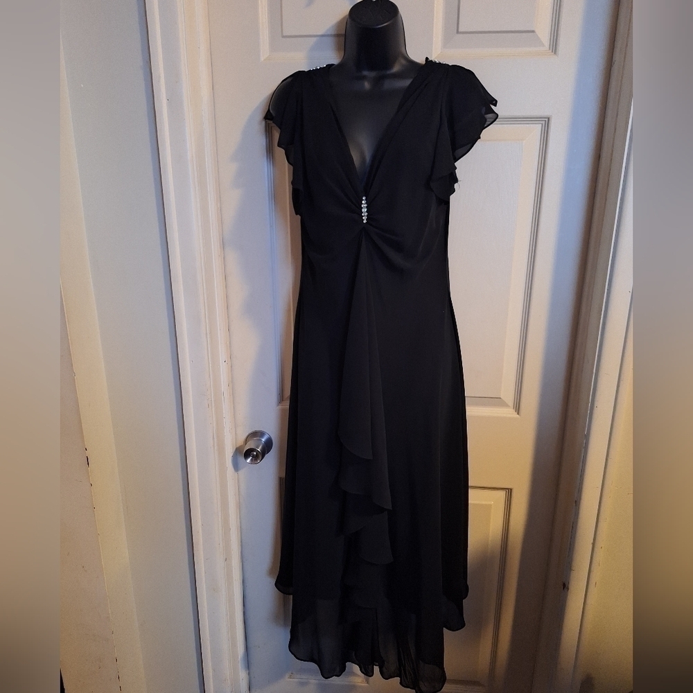 Black V-Neck Ruffle Maxi Dress with Rhinestone Detail